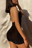 Black Fashion Sexy Solid Bandage Backless Halter Sleeveless Dress Dresses