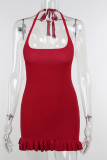 Red Sexy Solid Patchwork Halter Trumpet Mermaid Dresses