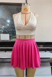 Rose Red Fashion Sexy Solid Backless Halter Sleeveless Two Pieces