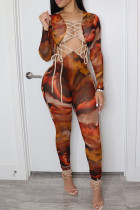Multicolor Fashion Sexy Print Tie Dye Hollowed Out Strap Design Skinny Jumpsuits