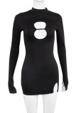 Black Sexy Solid Hollowed Out Patchwork Slit O Neck One Step Skirt Dresses