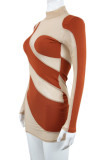 Brown Sexy Solid Patchwork See-through Half A Turtleneck One Step Skirt Dresses