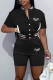 Black Casual Letter Print Patchwork O Neck Short Sleeve Two Pieces