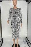 Black Gray Fashion Sexy Print Patchwork O Neck One Step Skirt Dresses