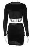Black Sexy Solid Mesh Square Collar Long Sleeve Two Pieces