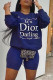Blue Fashion Simplicity Letter Patchwork O Neck Long Sleeve Two Pieces
