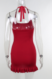 Red Sexy Solid Patchwork Halter Trumpet Mermaid Dresses