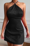 Black Sexy Solid Patchwork Halter Straight Dresses