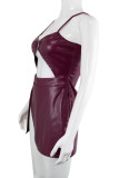 Burgundy Sexy Solid Hollowed Out Patchwork Backless Slit Spaghetti Strap Sling Dress Dresses