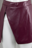 Burgundy Sexy Solid Hollowed Out Patchwork Backless Slit Spaghetti Strap Sling Dress Dresses