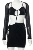 Black Sexy Solid Patchwork Halter Long Sleeve Two Pieces