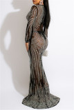 Black Fashion Sexy Patchwork Hot Drilling See-through O Neck Evening Dress