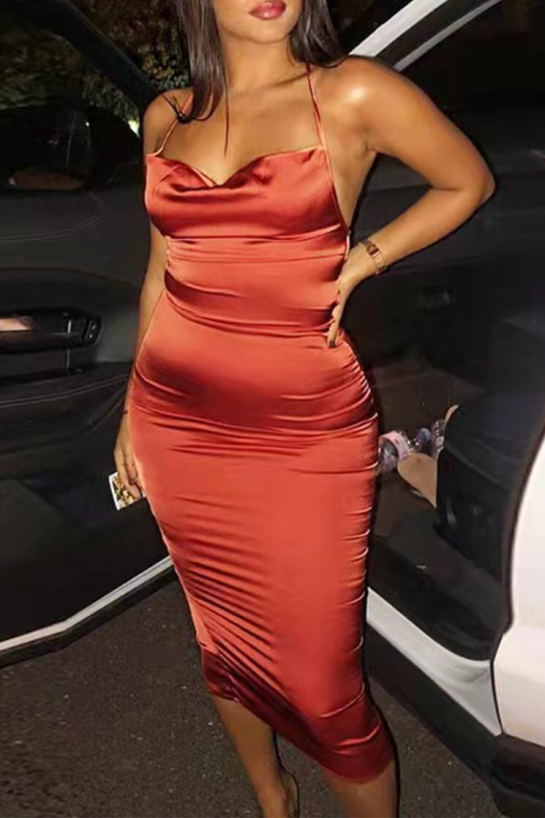 Rust Red Sexy Solid Patchwork Spaghetti Strap Pencil Skirt Dresses