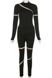 Black Sexy Solid Patchwork Turtleneck Long Sleeve Two Pieces