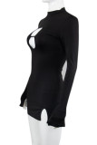 Black Sexy Solid Hollowed Out Patchwork Slit O Neck One Step Skirt Dresses