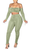 Green Milk Silk Fashion Sexy adult Ma'am Solid Two Piece Suits pencil Long Sleeve Two Pieces