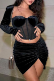Black Sexy Solid Mesh Square Collar Long Sleeve Two Pieces