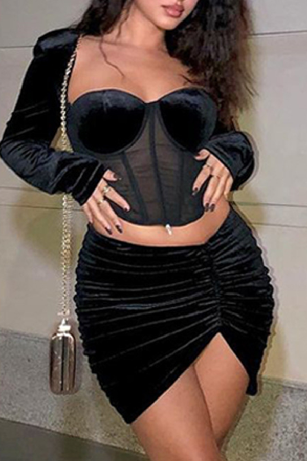 Black Sexy Solid Mesh Square Collar Long Sleeve Two Pieces