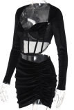 Black Sexy Solid Mesh Square Collar Long Sleeve Two Pieces
