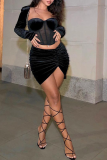 Black Sexy Solid Mesh Square Collar Long Sleeve Two Pieces