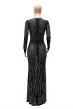Black Fashion Sexy Patchwork Hot Drilling See-through O Neck Evening Dress