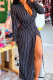 Black Fashion Sexy Striped Print Slit V Neck Long Sleeve Dresses