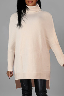 Apricot Fashion Casual Solid Slit Turtleneck Tops