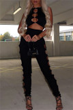 Black Fashion Sexy Solid Hollowed Out Vests Pants O Neck Sleeveless Two Pieces