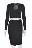 Black Fashion Sexy Solid Hollowed Out O Neck Long Sleeve Two Pieces