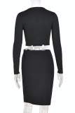 Black Fashion Sexy Solid Hollowed Out O Neck Long Sleeve Two Pieces