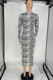 Black Gray Fashion Sexy Print Patchwork O Neck One Step Skirt Dresses
