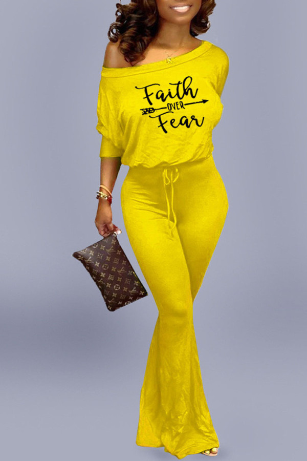 Yellow Casual Print Split Joint Oblique Collar Straight Jumpsuits