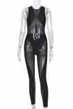 Black Fashion Sexy Patchwork See-through O Neck Skinny Jumpsuits