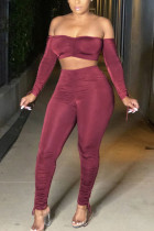 Wine Red Milk Silk Fashion Sexy adult Ma'am Solid Two Piece Suits pencil Long Sleeve Two Pieces