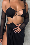 Black Sexy Solid Patchwork Halter Long Sleeve Two Pieces