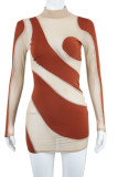 Brown Sexy Solid Patchwork See-through Half A Turtleneck One Step Skirt Dresses
