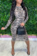 Black Gray Fashion Sexy Print Patchwork O Neck One Step Skirt Dresses