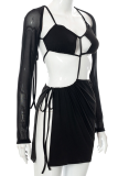 Black Sexy Solid Patchwork Halter Long Sleeve Two Pieces
