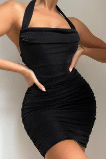 Black Sexy Solid Split Joint Backless Fold Halter One Step Skirt Dresses