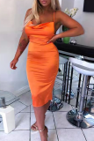 Rust Red Sexy Solid Patchwork Spaghetti Strap Pencil Skirt Dresses