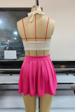 Rose Red Fashion Sexy Solid Backless Halter Sleeveless Two Pieces