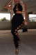 Black Fashion Sexy Solid Hollowed Out Vests Pants O Neck Sleeveless Two Pieces