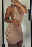 Khaki Fashion Sexy Solid Bandage Backless Halter Sleeveless Dress Dresses