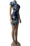 Blue Black Sexy Print Hollowed Out Patchwork Backless Half A Turtleneck One Step Skirt Dresses