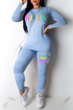 Baby Blue Fashion Casual Letter Print Basic O Neck Long Sleeve Two Pieces