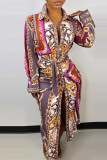 Colour Fashion Casual Print Slit Turndown Collar Long Sleeve Shirt Dress