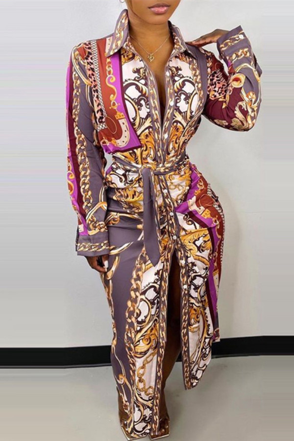Colour Fashion Casual Print Slit Turndown Collar Long Sleeve Shirt Dress