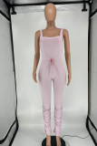 Pink Casual Solid Patchwork Slit Fold Spaghetti Strap Regular Jumpsuits
