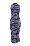 Blue Sexy Print Split Joint See-through Half A Turtleneck Pencil Skirt Dresses