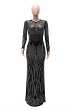 Black Fashion Sexy Patchwork Hot Drilling See-through O Neck Evening Dress